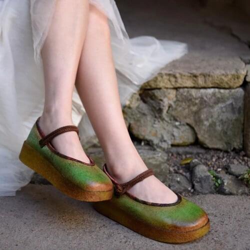 Artmu Original Retro Green Thick Sole Womens Shoes Buckle Genuine Leather Shoes Platform Retro Handmade Flat Shoes 667-8046