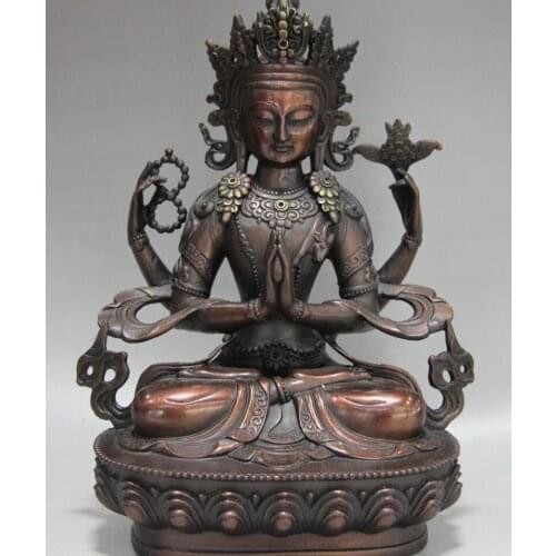 Buddhism Red Copper Bronze Four arms GuanYin Kwan-yin Boddhisattva Buddha Statue