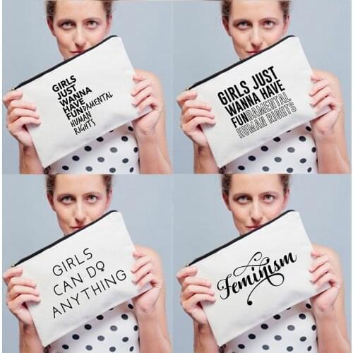 Feminism Girls Just Wanna Have Fundamental Human Rights Printed Women Makeup Bag Travel Cosmetic Bags Toiletry Organizer Clutch