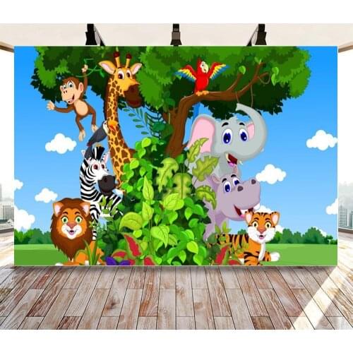 Cartoon Forest Party Backdrops Giraffe Lion Monkey Tiger Around A Tree Blue Sky Backgrounds Photography