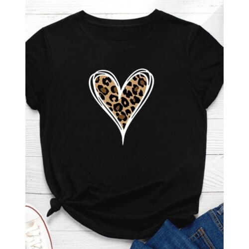 Leopard Heart Print Women T Shirt Short Sleeve O Neck Loose Women Tshirt Ladies Fashion Tee Shirt Tops Clothes Camisetas Mujer