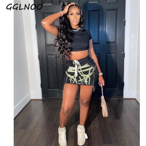 GGLNOO 2021 Women Summer New Drawstring Printed Waist Short-Sleeved Short Skirt Suit High Waist Women Pencil Mini Skirts
