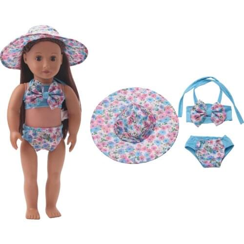 18 Inch American Doll Girls Blue Print Bow Swimsuit + Sun Hat Newborn Baby Pool Toys Accessories Fit 40-43 Cm Boy Dolls c175