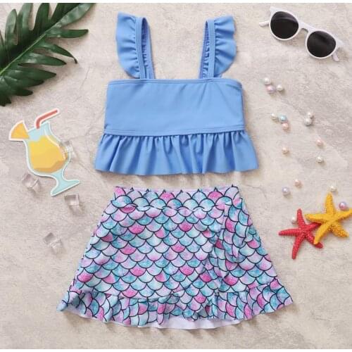Girl’s Cute Two Piece Split Swimsuit Fresh Solid Color Suspender Tops Fish Scales Print Short Skirt Kids Swimwear Beachwear