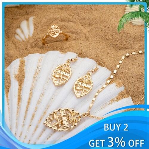 SophiaXuan Polynesian Trendy Ring Earrings Jewelry Sets Coconut Tree Beach Pendants Earrings and Necklace for Girls Women Gifts