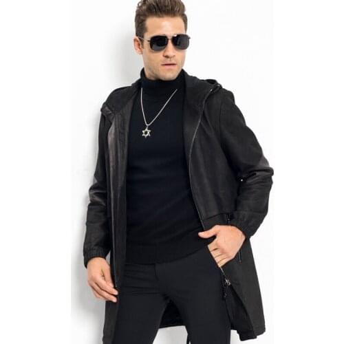 Luxury Leather Jacket Smart Casual Mens Hooded Leather Coat 100% Sheepskin Military Style Black Leather Slim Long Parka Travel