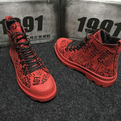 Mens army boots Casual ankle boots High Top Leather Shoes Male RED Hip hop graffiti military boots sneaker Shoes MM-89