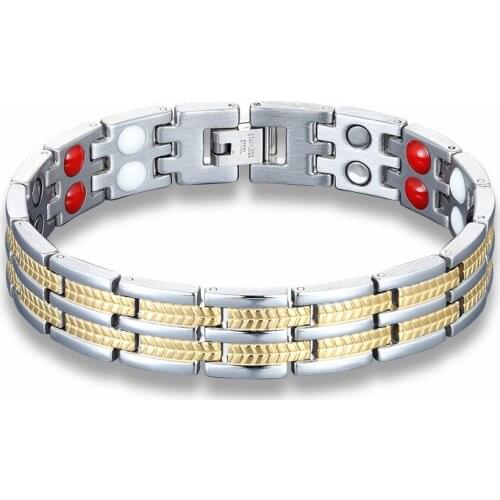 New Stainless Steel Double Gold Row Magnet Bio Energy Hologram Bracelets Mens Bracelet Jewelry
