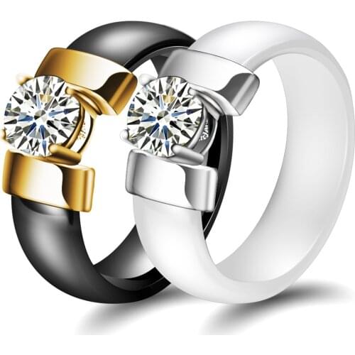 Wholesale 6mm White Black Ceramic Rings Cubic Zirconia For Women Gold Color Stainless Steel Wedding Ring Engagement Jewelry