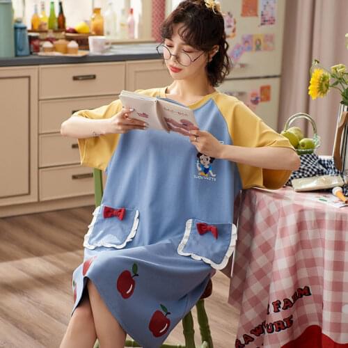 Pajamas Womens Cotton Summer Long Over-the-knee Pajamas Summer Cute Cartoon Casual Loose Home Clothes Women Sleepwear