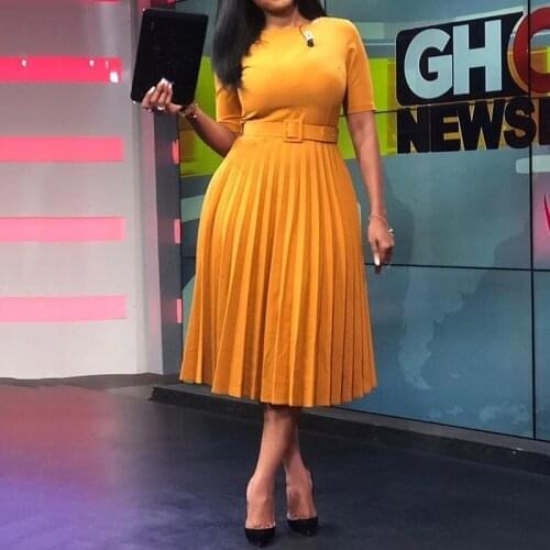 African Style Women Casual Belted Pleated Dress Elegant Chic Office Lady A-Line High Waist Dress 2019 Autumn Winter Fashion