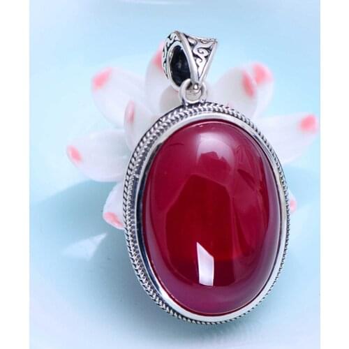 MetJakt Natural Red Corundum Vintage Pendants Solid 925 Sterling Silver Pendant for Necklace Womens Vintage Jewelry