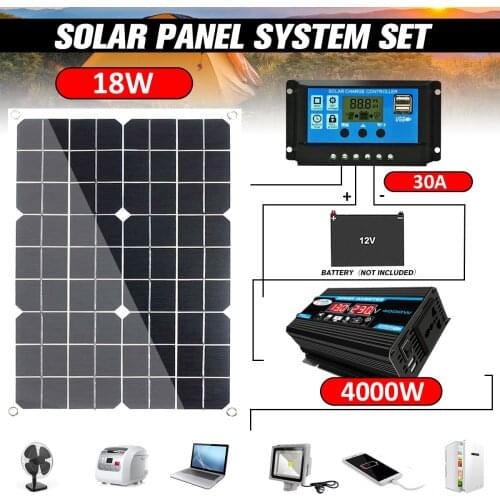 12V 110/220V Solar Panel System 12V 18W Solar Panel Battery Charge Controller 4000W Solar Inverter Kit Complete Power Generation