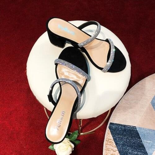 Rhinestone thick-heeled sandals in summer 2020 with joker high heel sexy online celebrity sandals and slippers to wear womens