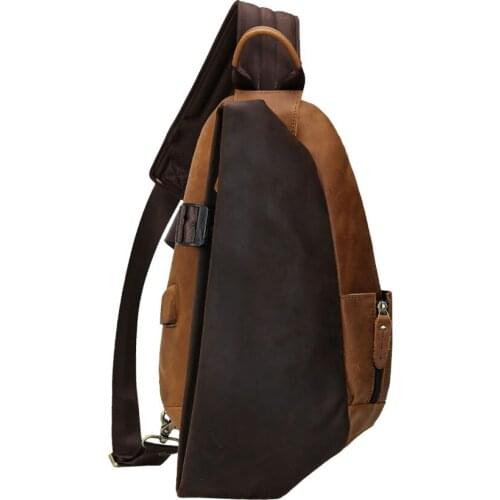 Tiding New Thick Genuine Leather Mens Chest Bag Pillow Retro Sling Bag Daypack Leather Backpack Small Crossbody Bag Brown 5119