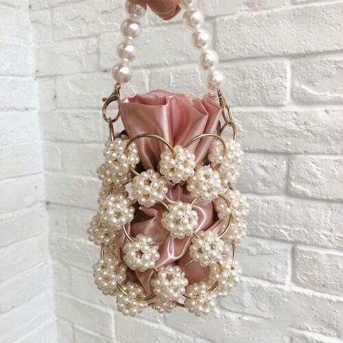 Hollow Out Pearl Evening Clutch Bag for Women Luxury Beaded Wedding Clutch Purses Mini Bucket Handbags Woven Shoulder Bag ZD1648