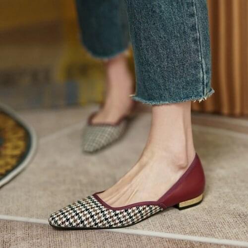 2021 Spring/Autumn Women Pumps French Retro Square Toe Women Shoes Cotton Leather Patchwork Loafers Low Heel Women Walk Shoes