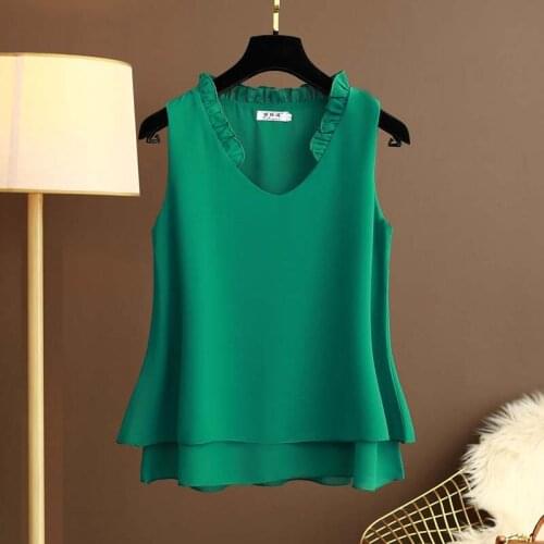 Women Spring Summer Style Chiffon Blouses Shirts Lady Casual Sleeveless O-Neck Chiffon Blusas Tops SP287