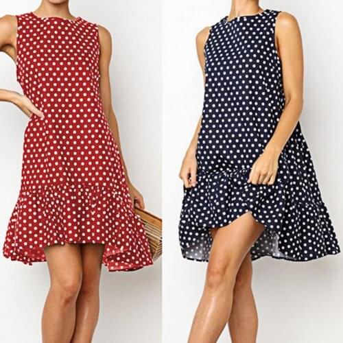Sexy Women Summer Dress Dot Print Ruffle Hem Sleeveless O Neck Loose Casual Mini Dress Sundress for Shopping Women Clothing