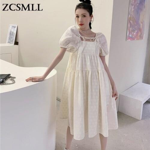 ZCSMLL Yellow Puff Sleeve Dress for women French First Love Square Collar Mid-length korean fashion vestido 2021 fashion