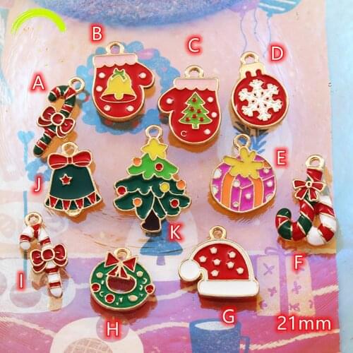 Christmas Charms 10pcs Various Christmas Tree Hat Glove Enamel Charm Pendant Gold Snowflake Jingle Bell Jewelry Findings