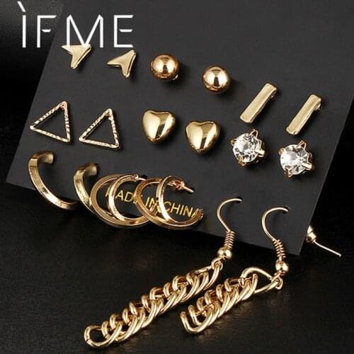 9 pcs/Set Crystal Heart Gold Color Stud Earrings Tassel Triangle Vintage Silver Color Earring Set For Women Jewelry Oorbellen
