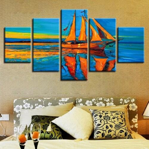 Abstract Seascape Canvas Painting Color Sailing Boat Picture and Print Decorating Bedroom Wall Art Poster 5-Piece Set Frameless