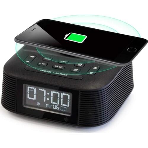 Homtime Wireless Charging speaker with FM radio USB Bluetooth speaker Dual Alarm clock speakers wireless charging function Hotel
