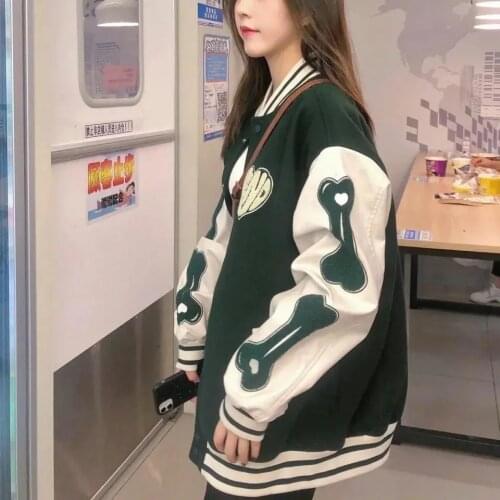 Large size hip-hop baseball uniform female Korean style 2021 new vintage Harajuku embroidery Zip-up jacket high street outerwear