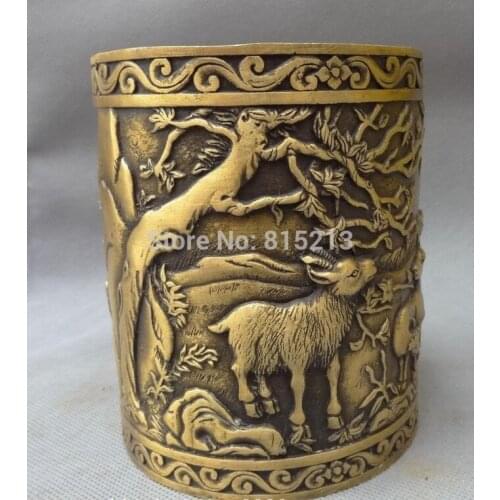 Bi00954 China Bronze San Yang Kai Tai 3 Sheep Animal Statue Pencil Vase Pot Brush Barrel