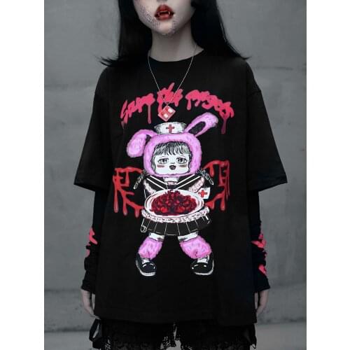 Ruibbit New Arrival Printing Short Sleeve Tshirt Summer Women Punk Hip Hop Gothic Hot Girl Loose Shirts with Sleeve Black Tee