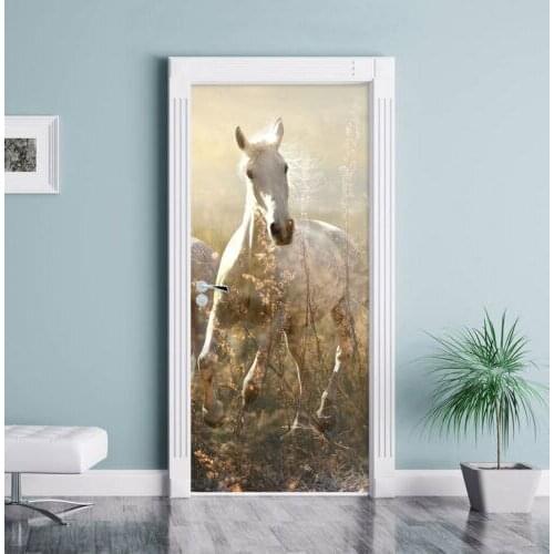 Hot Door Mural White Horse Animal Door Sticker DIY Self-adhesive Waterproof Wallpaper Poste for Home Decoration Gift