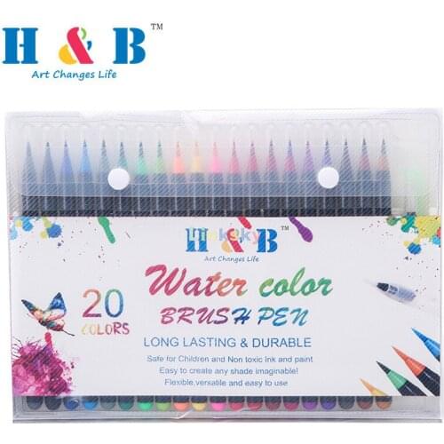 H&B Watercolor Brush Pen Marker 20 color Set ,Fine and Flexible Tips, for Drawing, Calligraphy, Sketching, Coloring