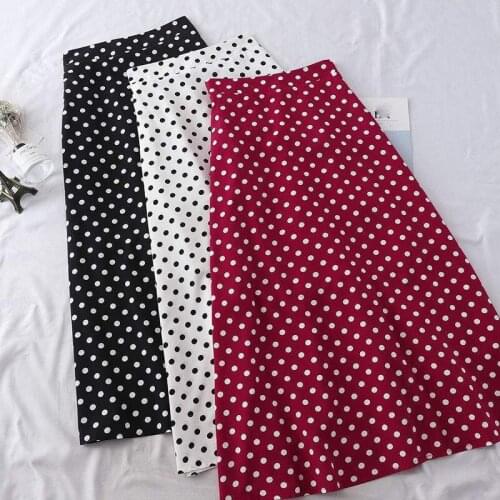 Summer Casual Chiffon Print Dot-print Skirt Female High Waist Pleated Skirt Womens Black White Red Long Skirts Streetwear