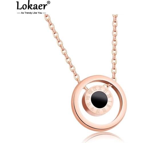 Lokaer Classic Titanium Steel Roman Numerals Double Sided Black & White Shells Circle Rose Gold Color Pendants Necklaces N17072