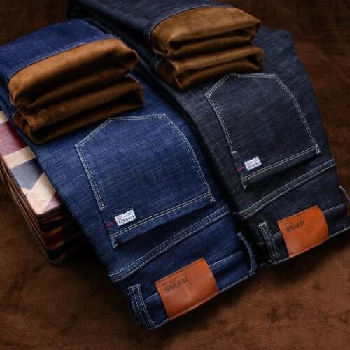 CARANFIER 2pcs 2019 New Mens Winter Brand Jeans Warm Slim Fit Denim Pants Male Balck Blue Thicken Trousers Jeans Big Size 44 46