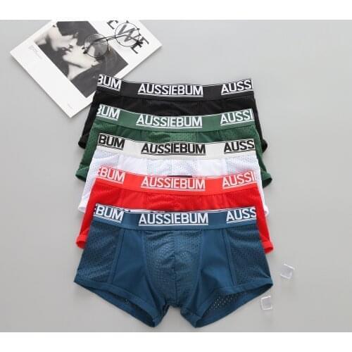 AUSSIEBUM Mens Underwear Personality Sexy Low Waist Breathable Mesh Comfortable Ice Silk Sports Hip-Lifting Boxer Briefs Youth