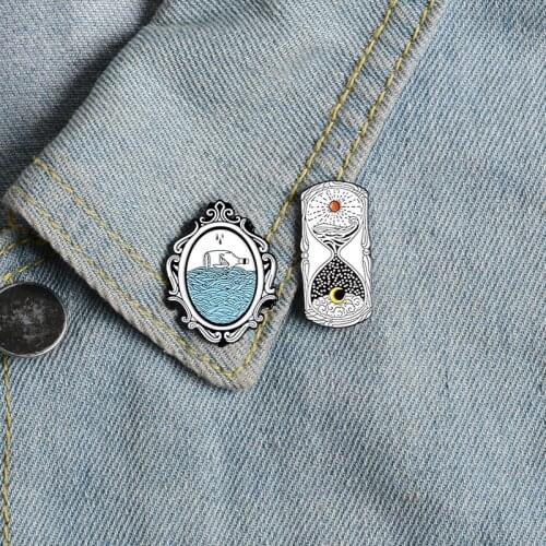 New magic mirror hourglass blue wave drift bottle sailboat sun moon cloud fantasy creative metal enamel pin lapel clothes brooch