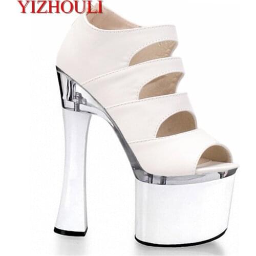 Sexy fish mouth hollow out 18 cm high stiletto sandals with white wedding bride shoes runways for womens Dance Shoes