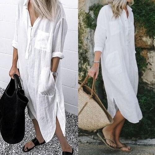 Women Summer Spring Solid Button Up Shirt Dress Casual Long Sleeve Mid Calf Split Dresses Summer Beach Loose Oversized Dress