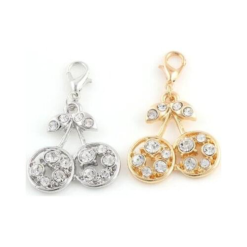 20PCS/lot 25x27mm (Gold,Silver Color) Rhinestones Cherry Pendant Hang Charms DIY Accessory Fit For Floating Locket Jewelrys