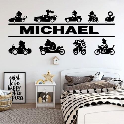 Custom Name Bros Kart Wall Decal Girls Boys Game Room Playroom Personalized Name Car Game Super Bros Wall Sticker Vinyl B313