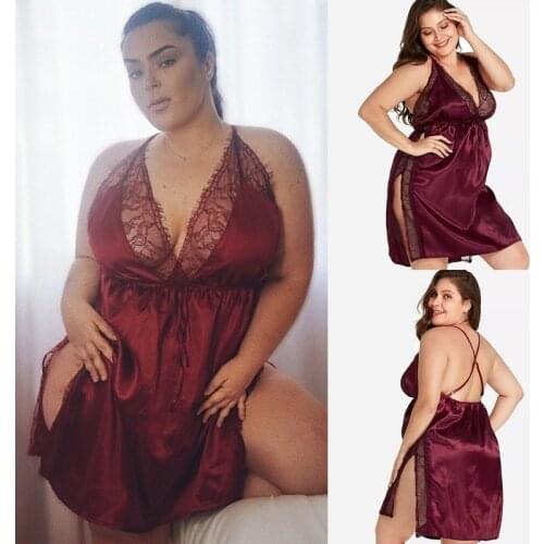 Plus Size Fashion L~8XL Women Deep V Neck Pajamas Strap Spaghetti Nightgowns Lace Lingerie Dress