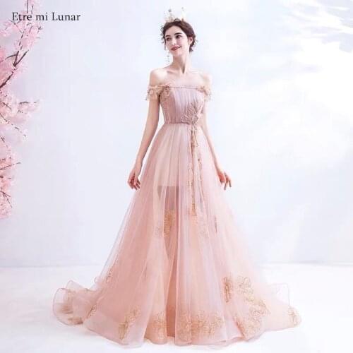 Sexy Evening Dress 2020 A-Line Off Shoulder Flowers Long Train Prom Gown Tulle Formal dress LE40820
