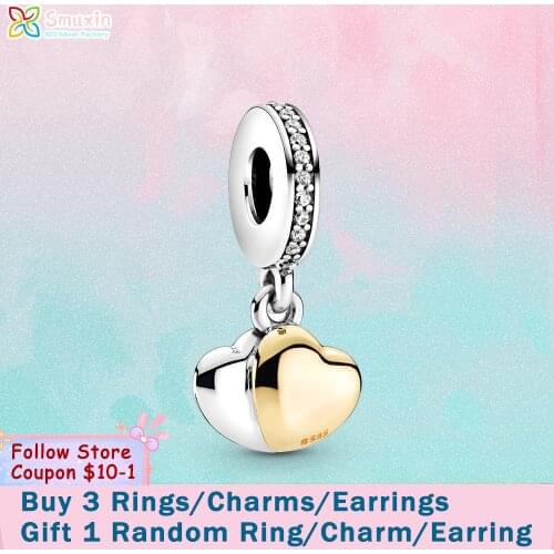 Smuxin 925 Sterling Silver Beads Two-tone Double Heart Dangle Charm fit Original Pandora Bracelets Women Jewelry Making Gift