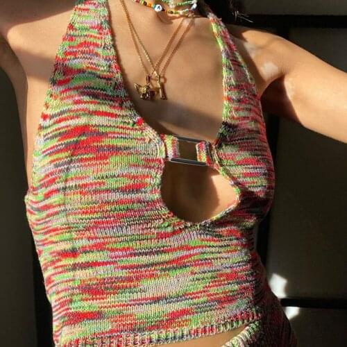 YiYiMiYu Cut Out Halter Top y2k Vintage Knitted Corset Top Women Tie Dye Crop Top Beach Holiday Sweats Streetwear Summer Vests