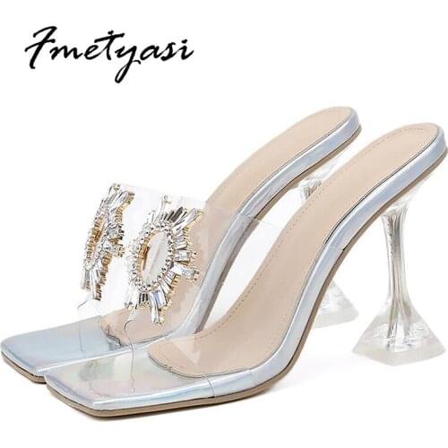 Female Sandals Square Toe 2021 Summer New Clear Heels Wear-resistant Plastic Metal Butterfly-knot Ladies High Heels Fashion
