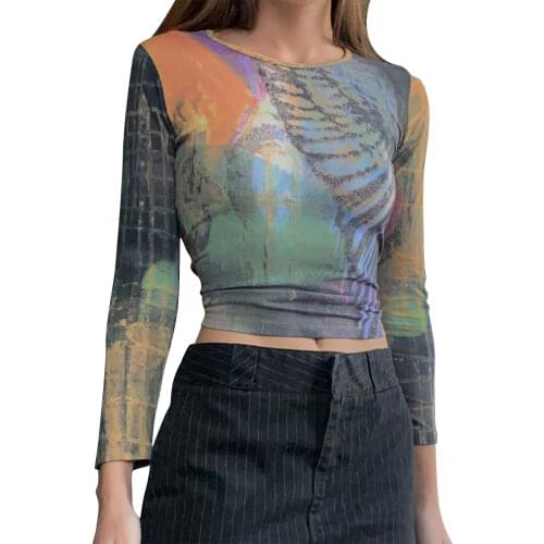 Women Vintage Print T-Shirt 2021 Fashion Long Sleeve O Neck Slim Fit Crop Top Streetwear Spring Autumn New High Street Short Top