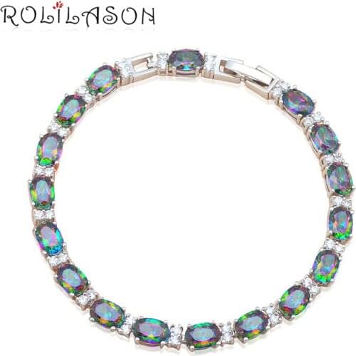 ROLILASON Gifts for Valentines Day Luxury Multicolor Zircon Silver Charm Bracelets Health Fashion jewelry for Women TB887
