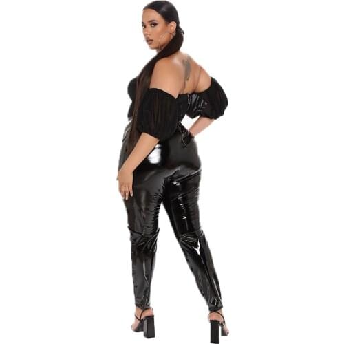 Women Back Zip Plus Size Leather Pants PU Faux Patent Leather High Waist Slim Pencil Trousers PVC Faux Latex Skinny Pant 4XL 5XL